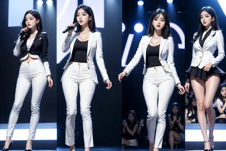 （8k，Highest Quality，masterpiece，practical，Super detailed：1.3），（1 girl，Beautiful Korean girl, Korean pop idol），（Black suit jacket：1.2），（White skinny trousers：1.1），（Serious expression：1.2）discuss，（speech，Handheld Microphone：1.2）（crowd，audience：1.3），Sexy long...