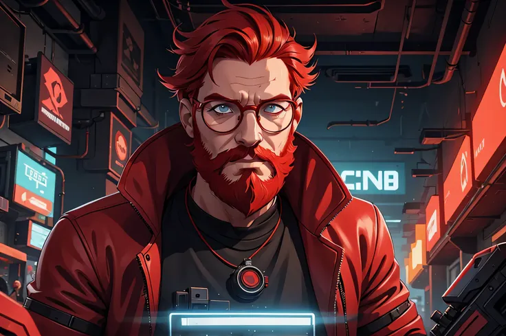 a man with red hair and beard and round glasses wearing a scientist outfit (digital art, cyberpunk art, RPG art)