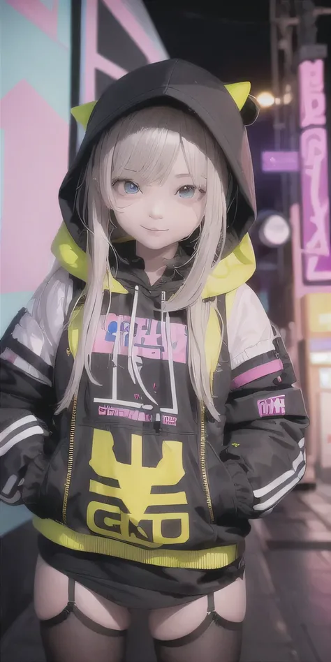 A girl in a dark, night-time urban environment stands in front of a detailed background adorned with graffiti. She has a captivating smile on her face, highlighted by the glow of yellow neon lights. Her hooded attire adds to the mysterious and urban feel o...