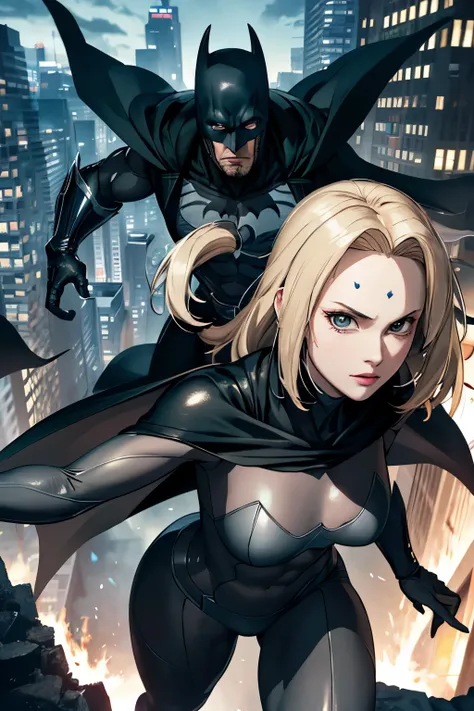 (Masterpiece: 1.3), (Max resolution: 1.2), (Ultra HDTV: 1.2), cinematographic lighting, 8K resolution, Detailed eyes and skin, detailed facial features, (Sharp Focus: 1.2), (Focus on Face: 1.2), perfectly rendered Batman suit on Tsunade, highlighting anato...