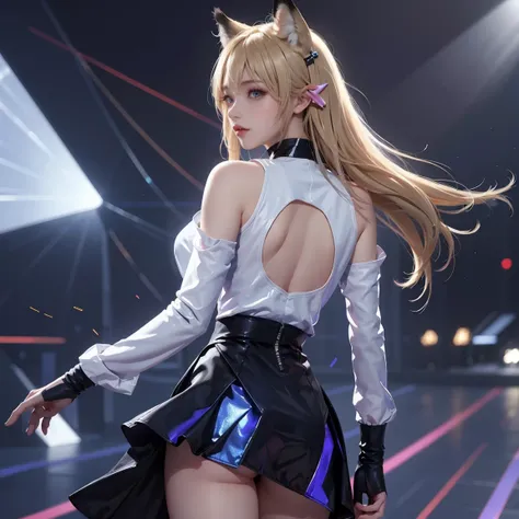 from back，Super Resolution, (Realism: 1.3), 1 (Slim: 1.2) Girl, Solo, Looking at the Audience, League of Legends, Fox, KDA Fox, Blonde Hair, Fox Ears, Fox Tail, Blue Coat, White Top, Black Skirt, Laser, Light Effect, Super Perfect Face, Perfect Eyes, Good ...