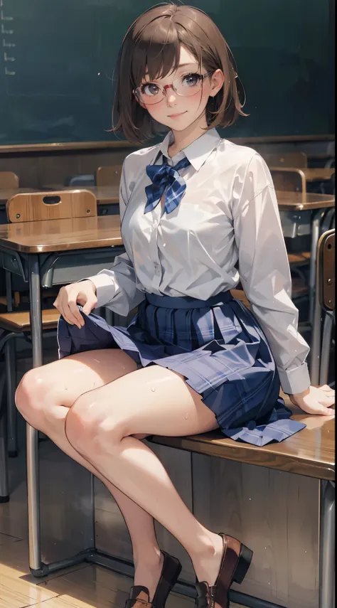 (super flat, flat shading), Honors Type, Really blushing, 17 years old, high school girl, wearing long sleeve shirt and plaid pleated micro skirt, Short bob cut brown hair, Glasses, sweaty healthy body, mesugaki smile, bare legs, loafers, ultra realistic, ...