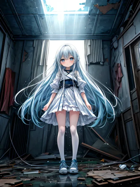 Masterpiece, best quality, extremely detailed, (illustration, official art: 1.1), (((((1 girl))))), ((light blue long hair))), light blue hair, 10 years old,  ((blush)), cute face, big eyes, tareme, masterpiece, best quality, ((a very delicate and beautifu...