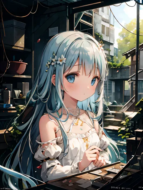 Masterpiece, best quality, extremely detailed, (illustration, official art: 1.1), (((((1 girl))))), ((light blue long hair))), light blue hair, 10 years old,  ((blush)), cute face, big eyes, tareme, masterpiece, best quality, ((a very delicate and beautifu...