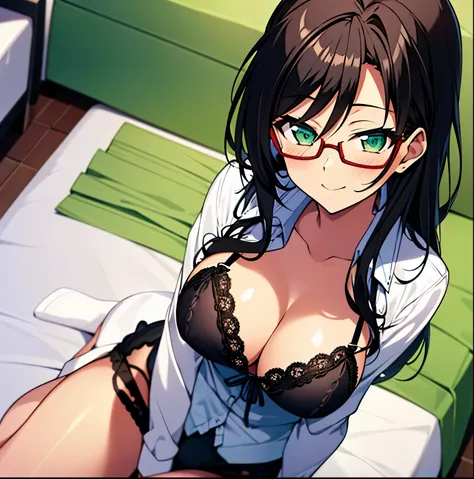 masterpiece, best quality, Hasegawa chisato, 1 girl, alone, big breasts, waist medium, wide hips, medium thighs, long hair, large breasts, green eyes, antennae hair, black hair, suspenders, looking at viewer, rimless glasses, black thighs, hair between eye...