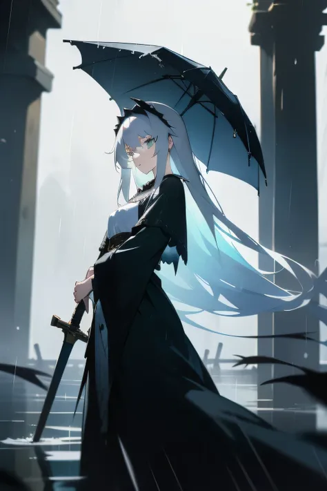 In a violent rainstorm，A beautiful white-haired girl dressed in antique clothes holds a dagger-shaped sword。Her eyes were firm，Gaze at the enemy on the opposite side，Antique clothes on his body and messy white hair on his head，Everything has long been wet ...