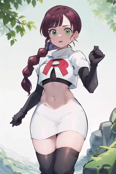 masterpiece, best quality, highres,green eyes,chl1, 1girl, braided_ponytail, (ahoge:1.1), eyelashes, team rocket,team rocket uni...