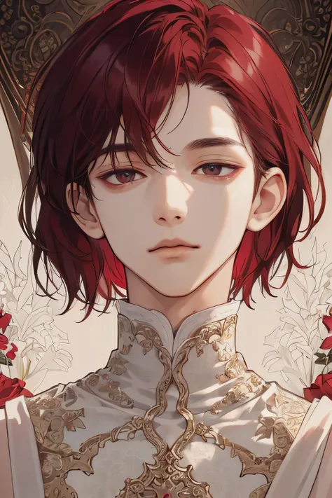 (extreamly delicate and beautiful:1.2), 8K,(masterpiece:1.0),(best_quality:1.0), 1 Boy, and intricate detailing, Enlarged textures, and intricate detailing, finely eye and detailed face, and intricate detailing, shiraga, maroon red short hair, (closed mout...