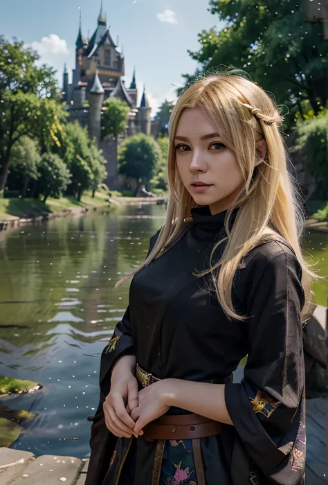 anime girl in front of a castle with a river and trees, artwork in the style of guweiz, guweiz, fantasy art style, standing near a castle with purple eyes, ( castle in the background ), digital anime illustration, epic rpg portrait, anime fantasy illustrat...