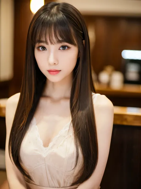 (Body shots from the waist up and table top)　(JapaneseSoloPhotoshoot&#39;The most beautiful young-faced 30-year-old hostess))　((Her deep black hair is incredibly heavy.、Absurdly extra extreme very straight Long Hair that is straight and of very high qualit...