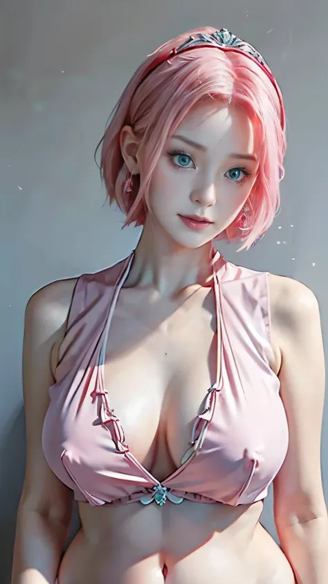 The true picture、8k,Fine grain、Detailed Photos、Cute young woman, Short Hair、Pink Hair, Green Eyes,,hair band、Red sleeveless、White frillscar,(belly button:1.1,princess eyes), Earrings、Noble, Royalty, high quality, masterpiece, Very detailed、Big Breasts、Clea...