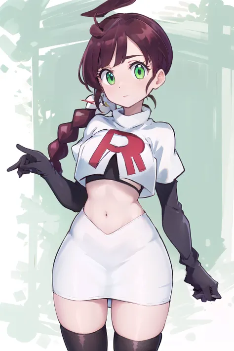 masterpiece, best quality, highres,green eyes,chl1, 1girl, braided_ponytail, (ahoge:1.1), eyelashes, team rocket,team rocket uni...