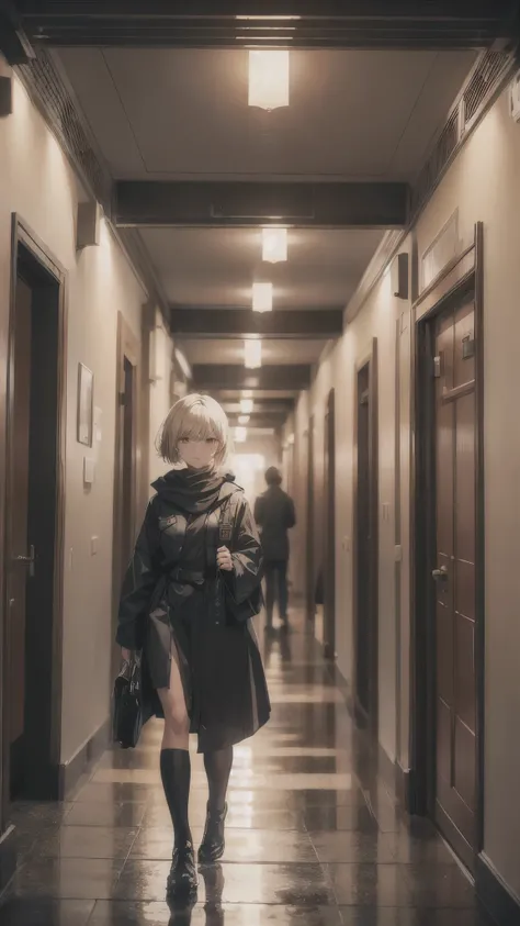 ((Inside the dark lighting,Inside the Japanese hotel’s corridors,inside the dim corridor)),((outside the night city is burning)),one woman,20 years old woman,she’s wearing army style clothes,short blonde hair,she’s walking the corridor