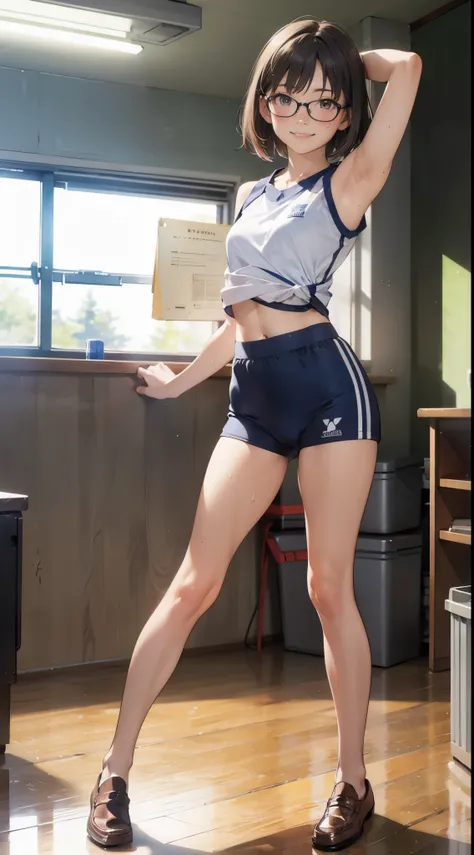 (super flat, flat shading), Honors Type, Really blushing, 17 years old, high school girl, wearing training wear and micro lowwaist short pants, cameltoe, Short bob cut brown hair, Glasses, sweaty healthy body, mesugaki smile, armpit, bare legs, loafers, ul...