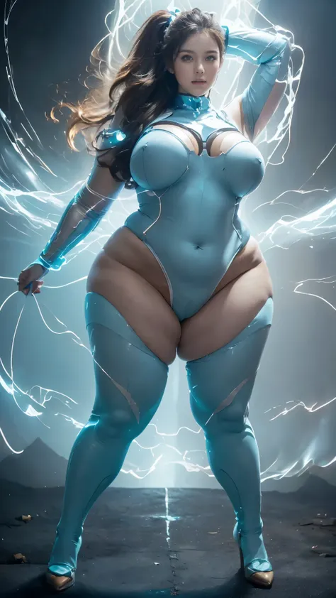 (highest quality、8k、32k、masterpiece、Ultra-high resolution:1.2、Perfect body beauty:1.2、Wearing a futuristic hero suit that glows pale blue and white:1.5、rain、street、Cute 25 year old White woman、Big and ample breasts:1.5、Upper Body、front、Simple Background、Lo...