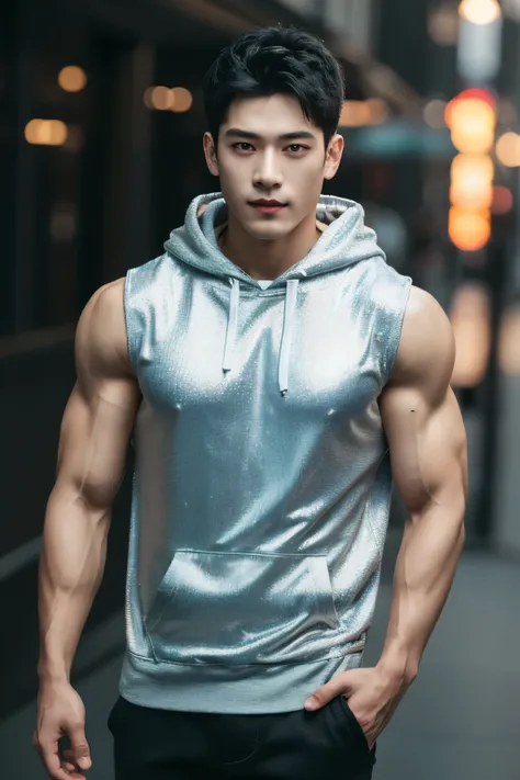 absurdres, intricate details, masterpiece, best quality, high resolution, 8k, 
1boy, Manhuanan, sleeveless hoodie, shorts, (holographic clothing),
looking at viewer, standing, smirk, 
(muscular, large pectorals), abs, hair between eyes, 
detailed face, bla...