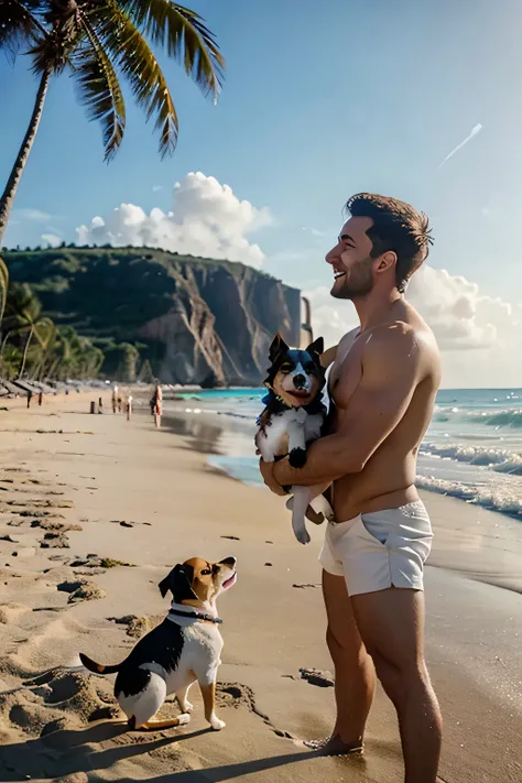 A MAN ENJOYING THE BEACH WITH HIS SMALL DOG IN ANIMATION