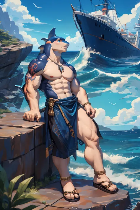 (((Barefoot furry character, full body, cinematic setting, furry male, plantigrade, wearing sandals, wearing anklets))), (((Poseidon))) embodied as a powerful orca anthro with sleek black and white markings, sporting a trident tattoo on his bicep. He has a...