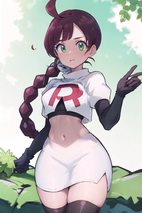 masterpiece, best quality, highres,green eyes,chl1, 1girl, braided_ponytail, (ahoge:1.1), eyelashes, team rocket,team rocket uni...