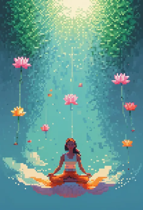 (bright colors),pixel art,lotus pose,girl floating on air:2,(best quality:1.2),detailed portrait,serene background,gentle shadow...