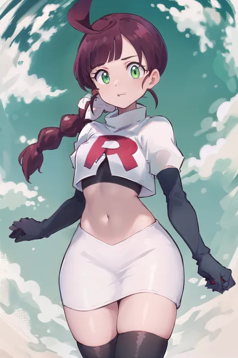 masterpiece, best quality, highres,green eyes,chl1, 1girl, braided_ponytail, (ahoge:1.1), eyelashes, team rocket,team rocket uni...