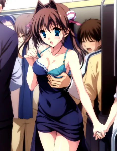 asakura_yume,Brown Hair,Medium Chest,Aqua Eye,White skin,((Are standing)),((surprise)),((Embarrassment)),((sorrow)),((breast enhancement)),(((Navy Blue_Camisole long dress_Knee-length))),nsfw,((valley)),No bra,Nipples,(((Crowded train))),((Multiple men)),B...