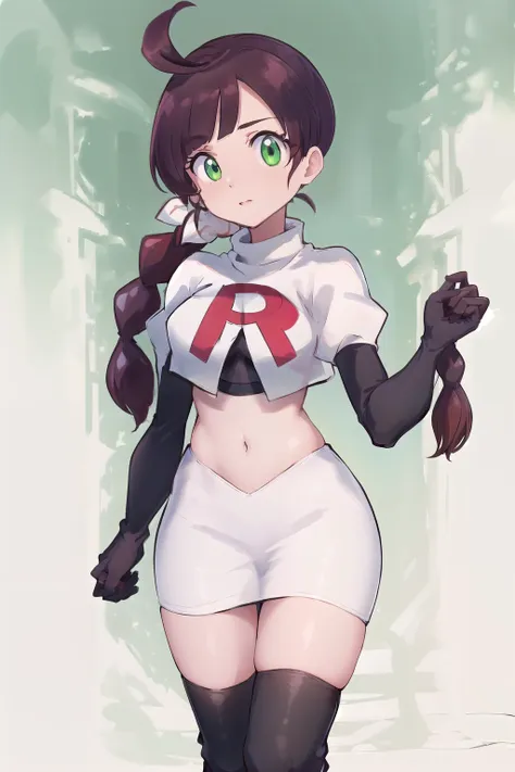 masterpiece, best quality, highres,green eyes,chl1, 1girl, braided_ponytail, (ahoge:1.1), eyelashes, team rocket,team rocket uni...