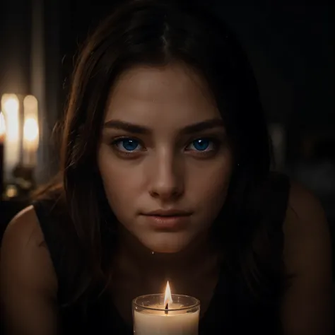 Beautiful girl with intense blue eyes is sitting in a completely dark room. Theres a lit candle 30 centimeters away from his face, illuminating his beautiful features. Photorealistic style. 8k resolution. Very detailed.