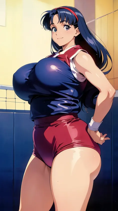 1990s anime cels style, 1990s manga style, best quality, high resolution, curvy body, (gigantic breasts:1.4), Beautiful face, happy, smile, closed mouth, 27 year-old, 1 girl, long hair, ((volleyball player)), ((In the vast gymnasium:1.37)), clothes that fi...