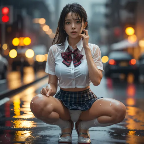 (highest quality、8k、High resolution、masterpiece:1.2)、Young and beautiful woman、(Correct Anatomy)、(Spread your legs)、(Squat)、(Excited expression)、(White Shirt、A bow tie、Tartan check mini skirt、White panties:1.3)、(Heavy rain:1.55)、(Motion Blur Effect:1.5)、(W...