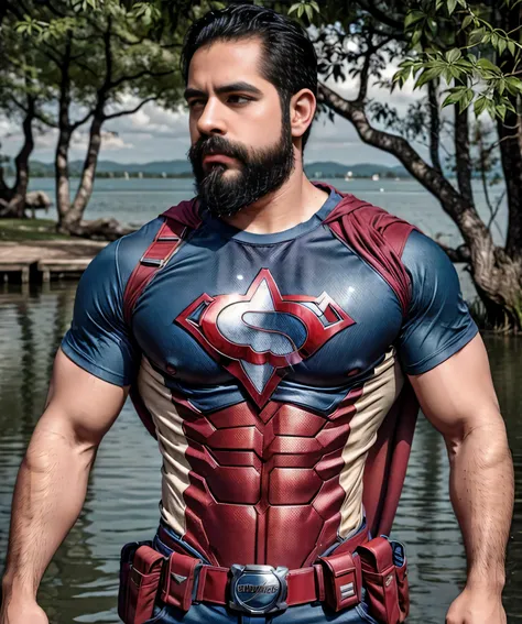 Parte superior del cuerpo, Man with beard and superhero shirt, parado en la orilla de un lago, muy hermoso. super polished and cool, plano medio de un guapo