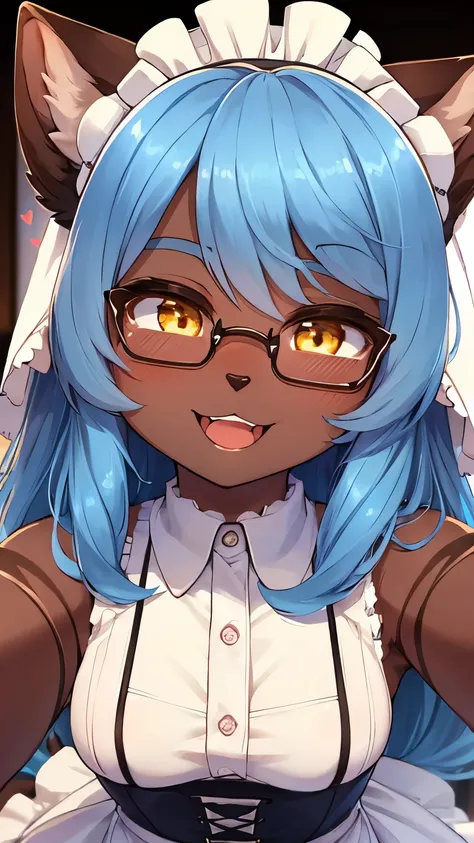 best quality,best resolution,(fluffy anthro furry :1.6),(young :1.8),(dark skin :1.8),cat girl,small breasts,light blue hair,long hair,wavy hair,curvy hair,yellow eyes,glistering eyes,sparkle eyes,huge circle glasses,maid outfit,maid headdress,maid gloves,...