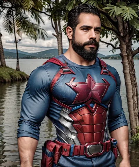 Parte superior del cuerpo, Man with beard and superhero shirt, parado en la orilla de un lago, muy hermoso. super polished and cool, plano medio de un guapo