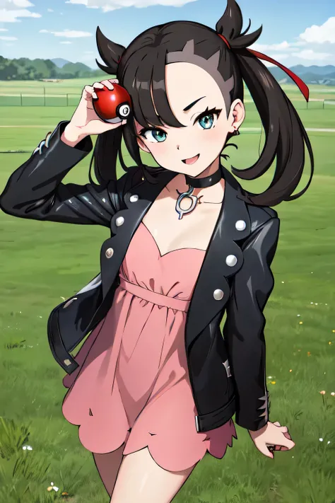 (nsfw), masterpiece, highest quality, High resolution, Marnie, Aqua Eye, Black Choker, Red ribbon, Pink Dress, jewelry, Black jacket, Open clothes, Long sleeve, Cowboy Shot, Are standing, Field, holding poke ball, poke ball (Basic), smile, Open your mouth,