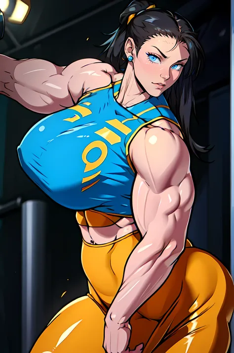 sad ((1girl massive female bodybuilder)) ((huge breasts)) pale skin black hair very long hair yellow eyes wide breasts wide shoulders long abs