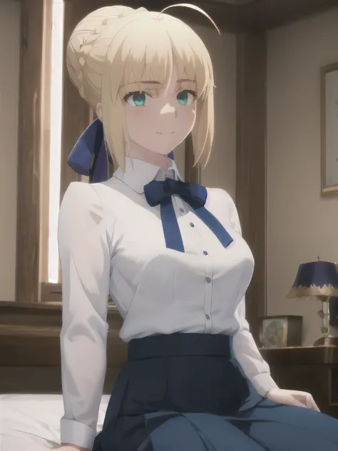 best quality, masterpiece, highres, ray_tracing_graphic, solo, {saber_fatestaynightufotable:1.15}, blonde_hair, ahoge, green_eyes, blue_ribbon, 1girl, anime_coloring, hair_bun, shirt, upper_body, happy, little_smile, blush, white_shirt, blue_skirt, big_bre...