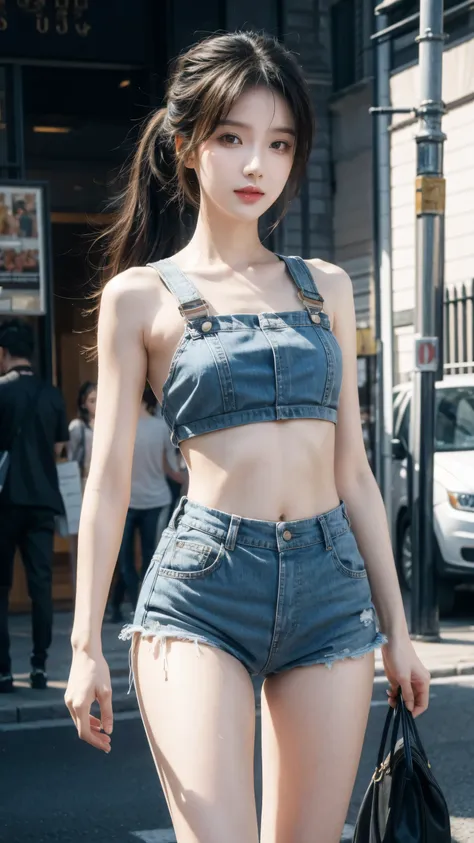 sandu art; half-length portrait of beautiful woman in crop top and overalls winning award, military boots, standing on the stree...