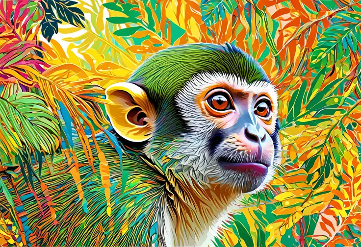 A Climbing Squirrel Monkey with colorful paint on its face and leaves, vector art：Zahari Zograf, Trending on Pexels, psychedelic art, Rich in color and detail, A complex and colorful masterpiece, art：Alessandro Pautasso, very complex and colorful, colorful...