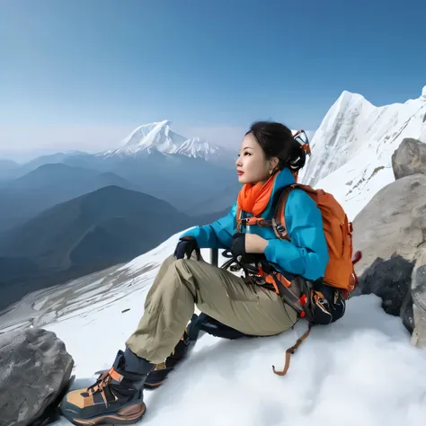 a woman with mountain climbing outfit, sitting on rock and looking into the distance, on the way to the top of snow mountain, wide view,,