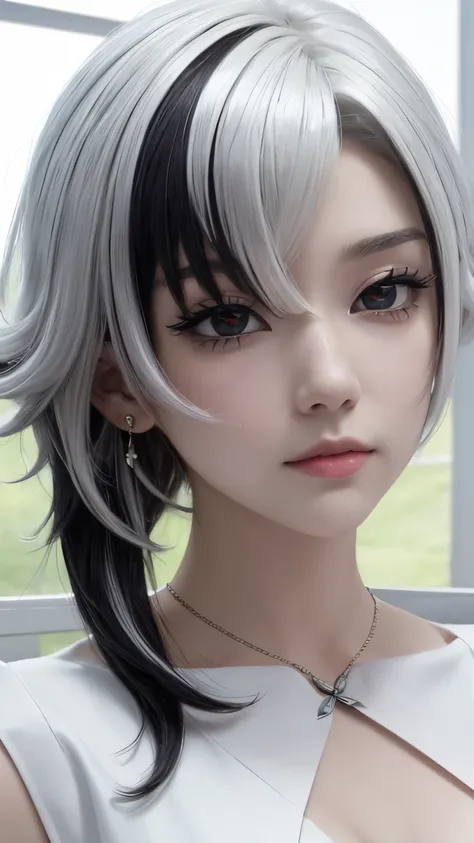 masterpiece，，illustration，Short curly hair，Straight Hair，White hair，Black Hair，Colorful Hair，[flat chest：：0.8]，White gold earrings，White gold necklace，White Dress，1 girl，cute，（Dynamic Lighting：1.2），Cinema Lighting，Exquisite facial features，Eyeliner，Lumines...