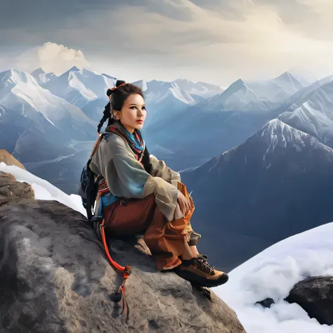 a woman with mountain climbing outfit, sitting on rock and looking into the distance, with spirit, courage, braves, on the way to the top of snow mountain, epic, wide view,, face to viewer,,