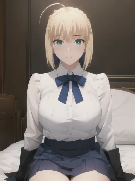 best quality, masterpiece, highres, ray_tracing_graphic, adult_female, solo, {saber_fatestaynightufotable:1.15}, blonde_hair, ahoge, green_eyes, blue_ribbon, 1girl, anime_coloring, shirt, upper_body, happy, little_smile, blush, white_shirt, blue_skirt, big...