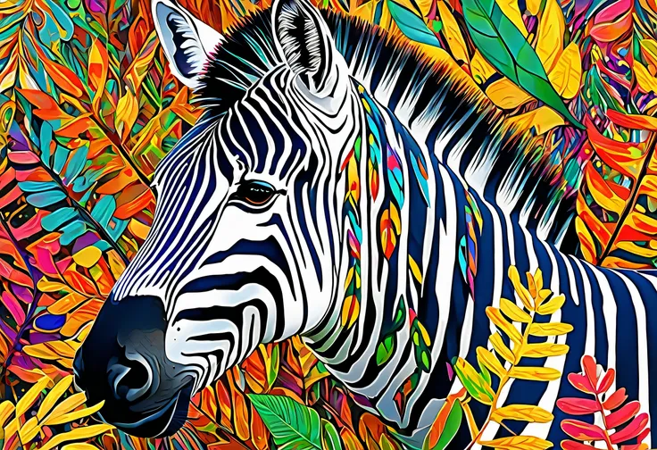 A Zebra with colorful paint on its face and leaves, vector art：Zahari Zograf, Trending on Pexels, psychedelic art, Rich in color and detail, A complex and colorful masterpiece, art：Alessandro Pautasso, very complex and colorful, colorful hd images, A color...