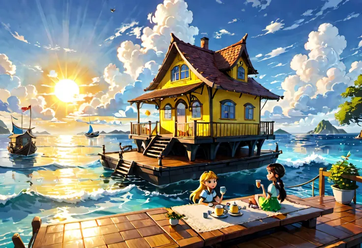 floating house, sea floating house, , a house on a large raft floating on the sea, a large and beautiful fairy-tale house floati...