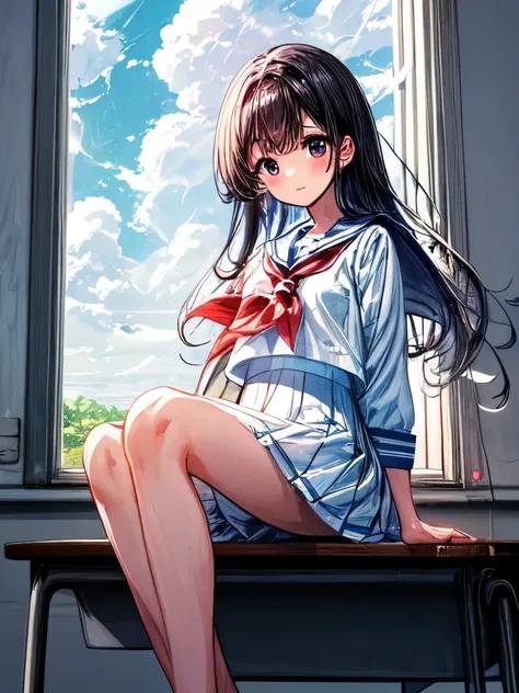 create an image of a sitting girl, sailor suit, classroom, the image should capture the essence of summer, the girl should be in...