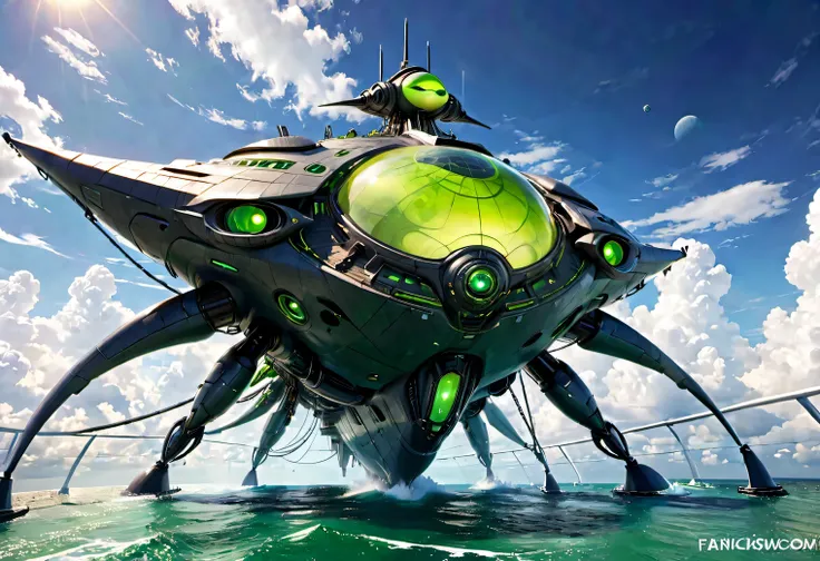 high-tech fantastic floating a very complex ship from the future on the dark undulating waters of an unknown sea, a high-tech fa...