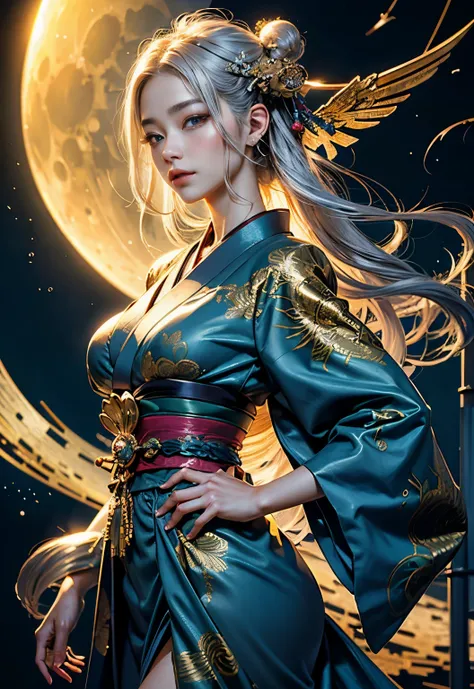 (highest quality, beautifully、aesthetic:1.2), (Japanese women), Golden ratio composition,Very detailed,(Fractal Art:1.3),Dynamic gaze,colorful,Best details,Has silver hair and blue eyes, Golden Background,Wear a luxurious kimono, have a gift from god,Myste...