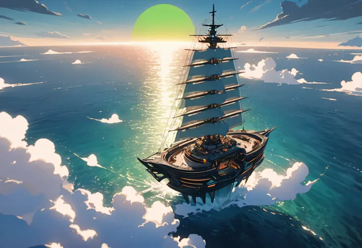 A high-tech fantastic Floating very complex ship from the future on the dark undulating waters of an unknown sea, (Floating on water):1.405, a high-tech fantastic sophisticated ship is shown in detail, sailing on the sea, fantastic and beautiful view aroun...