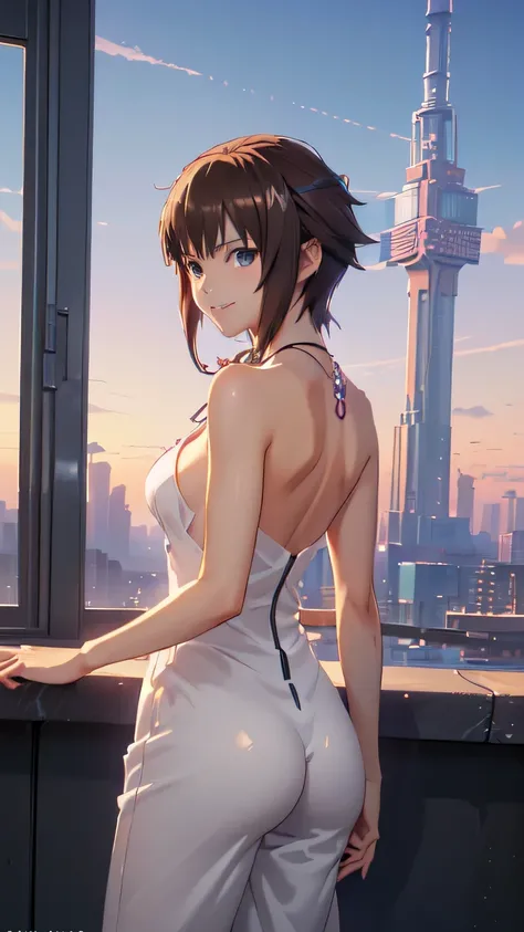 ((Final Fantasy (Yuna), (young girl, 16 years old, full body, naked body, dark hair, light skin, scarlet lips, smile; black, expressive playful eyes, long eyelashes)). ((Anime girl with brown hair hair and white dress with necklace, beautiful character pai...