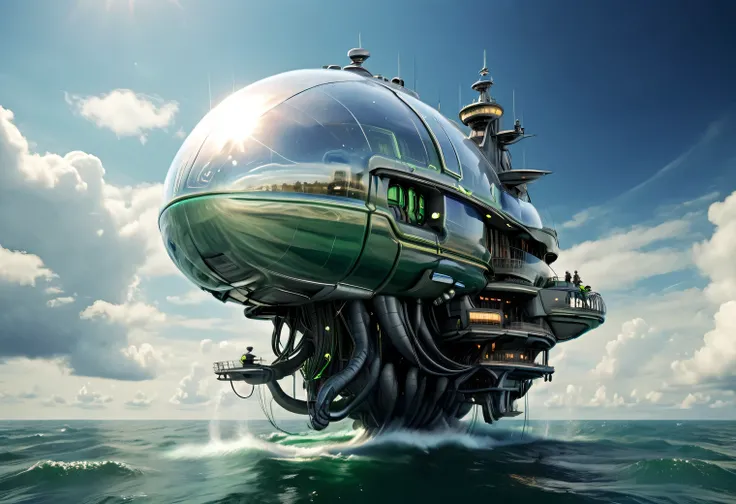 A high-tech fantastic Floating very complex ship from the future on the dark undulating waters of an unknown sea, (Floating on water):1.405, a high-tech fantastic sophisticated ship is shown in detail, sailing on the sea, fantastic and beautiful view aroun...